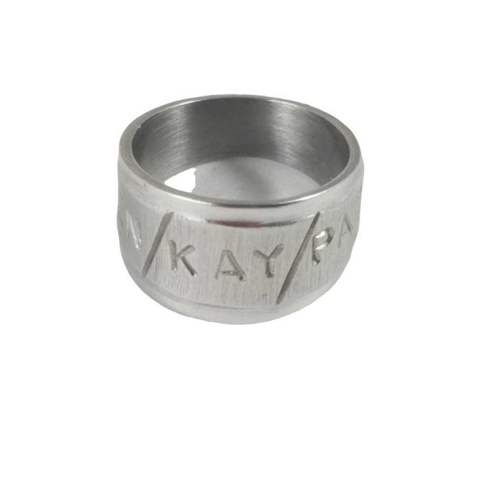 Vintage Womens Silver Tone Stainless Steel? Ring w/Ken Kay Pat Names Size 5 1/4